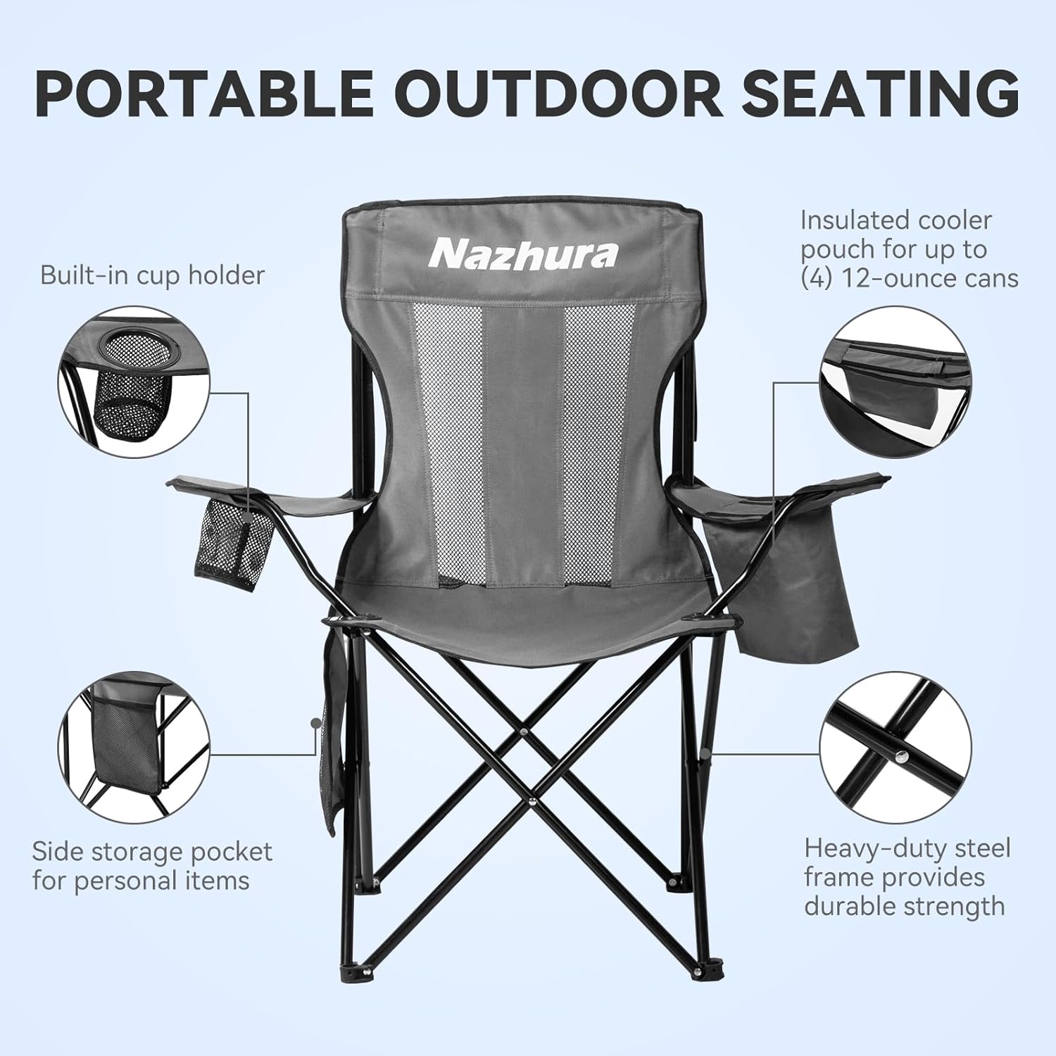 Nazhura 2 Pack Outdoor Camping Chairs Folding/Foldable/Portable with Cooler Pouch, Mesh Backrest and Cup Holder Pocket(Grey, 2 Pack) - Image 4