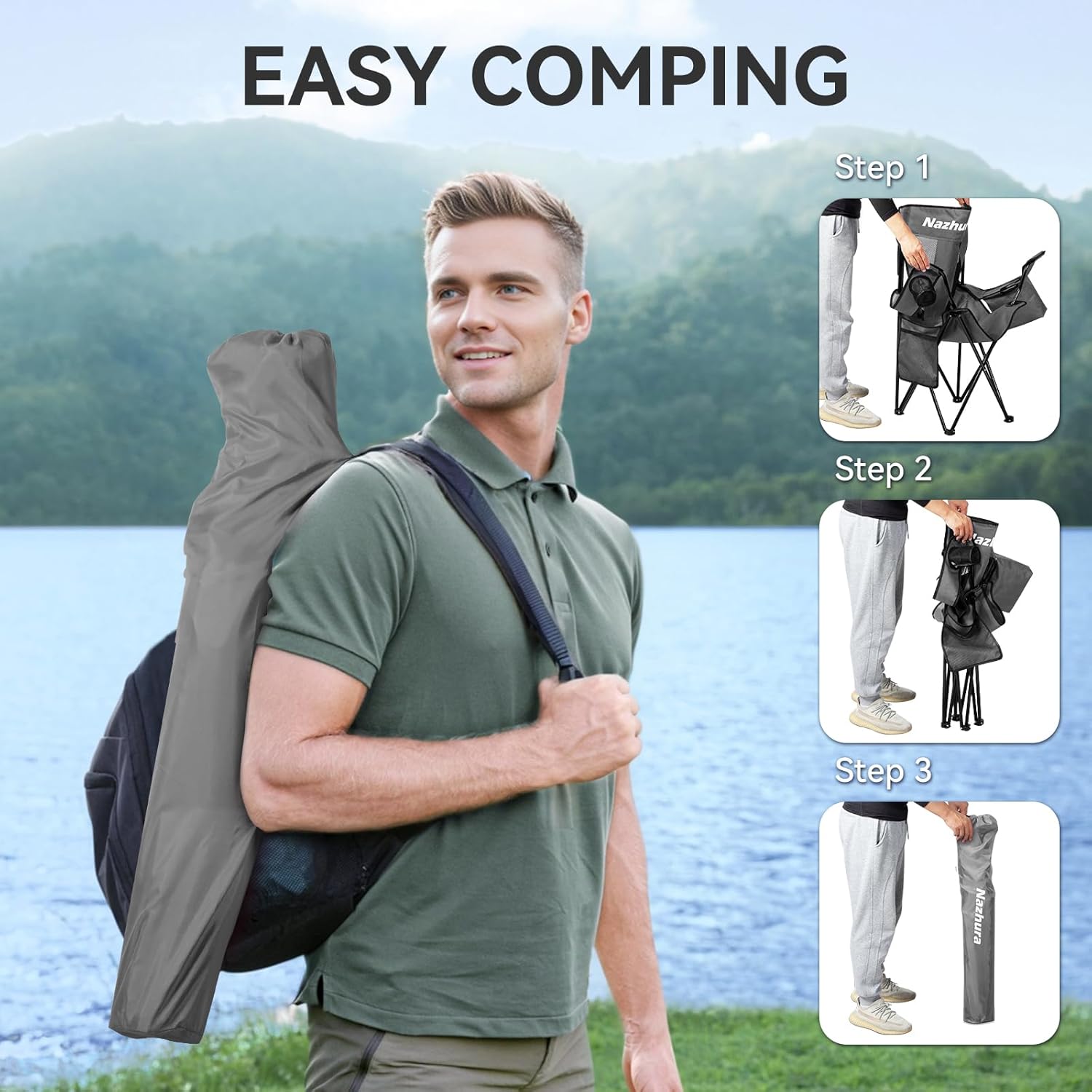 Nazhura 2 Pack Outdoor Camping Chairs Folding/Foldable/Portable with Cooler Pouch, Mesh Backrest and Cup Holder Pocket(Grey, 2 Pack) - Image 5