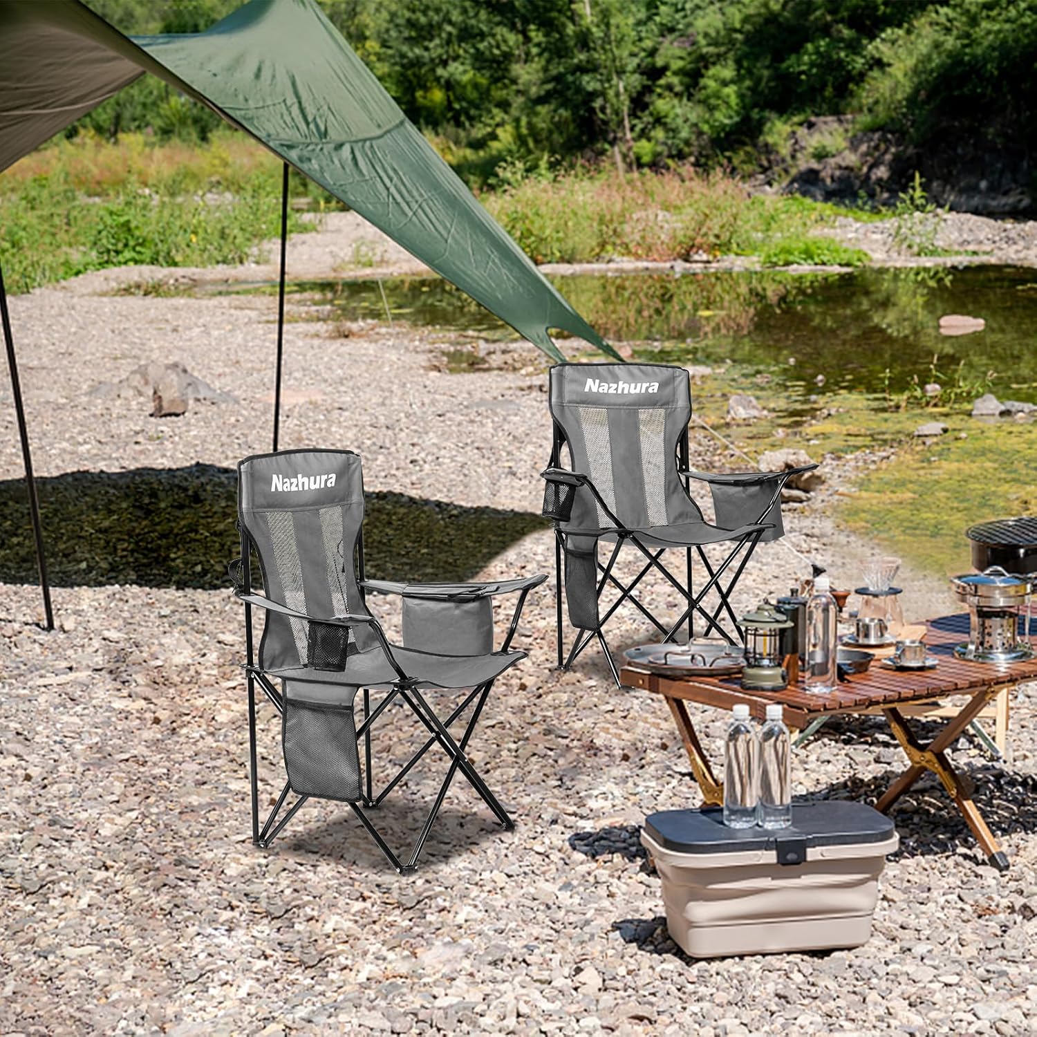 Nazhura 2 Pack Outdoor Camping Chairs Folding/Foldable/Portable with Cooler Pouch, Mesh Backrest and Cup Holder Pocket(Grey, 2 Pack) - Image 6