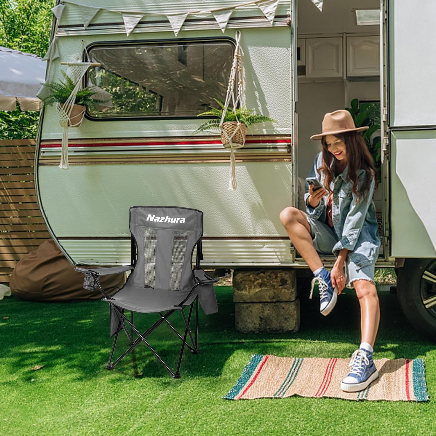 Nazhura 2 Pack Outdoor Camping Chairs Folding/Foldable/Portable with Cooler Pouch, Mesh Backrest and Cup Holder Pocket(Grey, 2 Pack) - Image 7